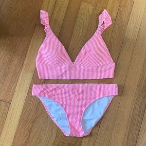 AERIE Ruffle Striped Bikini (Barbie Hot Pink)